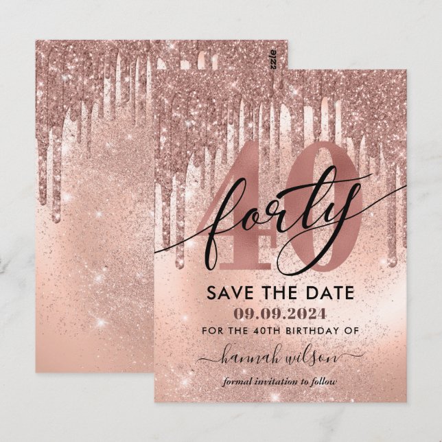 Carte Postale 40e Anniversaire Rose Gold Enregistrer la date (Devant / Derrière)
