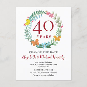 Carte Postale 40e anniversaire Ruby Floral Wreath Date de change
