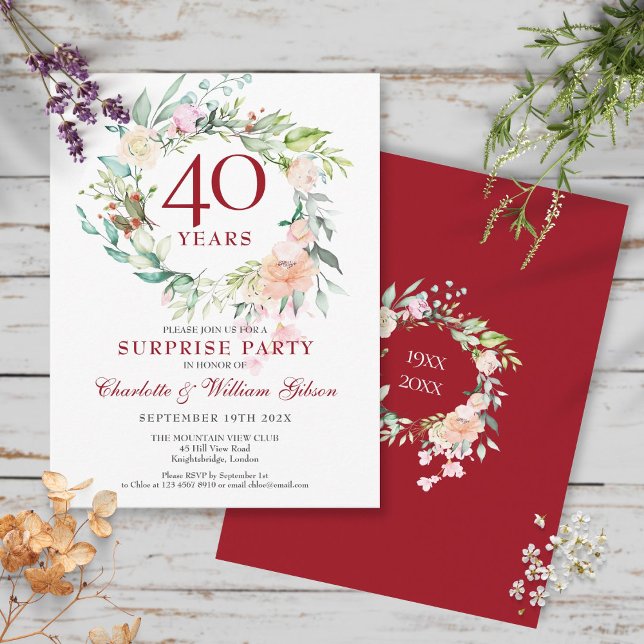 Carte Postale 40e anniversaire Surprise Party Roses Garland (Créateur téléchargé)