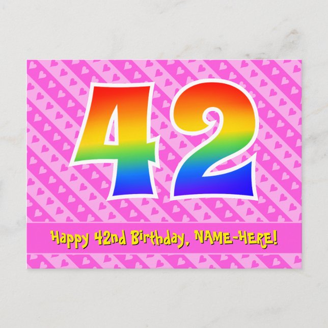 Carte Postale 42e Anniversaire: Bandes roses & Cœurs, Arc-en-cie (Devant)