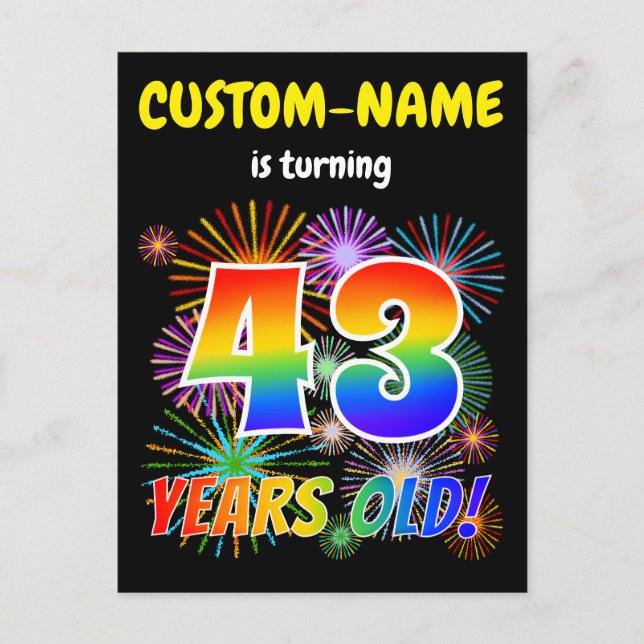 Carte Postale 43e anniversaire - Fun Fireworks, Rainbow Look "43 (Devant)