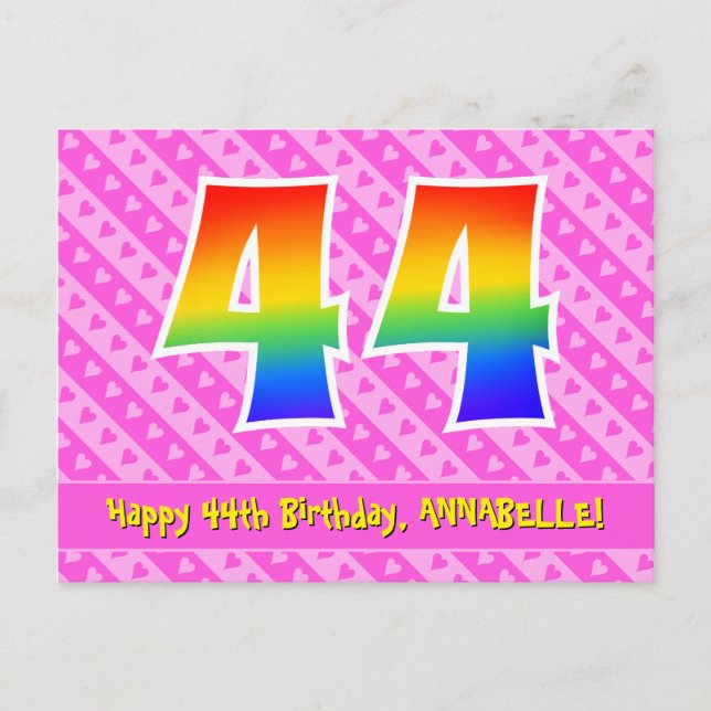 Carte Postale 44e Anniversaire: Bandes roses & Cœurs, Arc-en-cie (Devant)