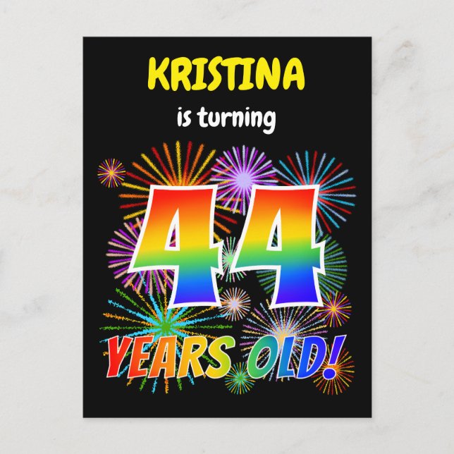 Carte Postale 44e anniversaire - Fun Fireworks, Rainbow Look "44 (Devant)
