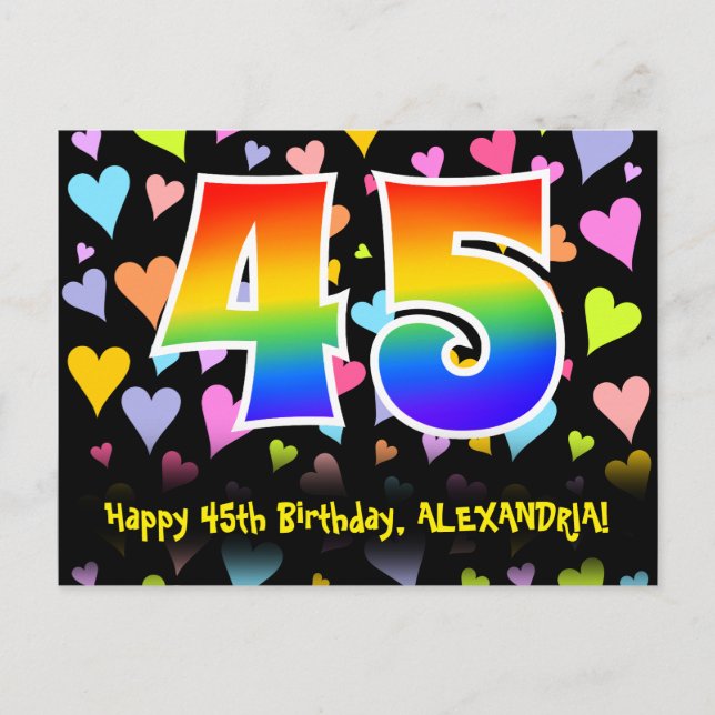 Carte Postale 45e anniversaire : motif de cœurs amusants, arc-en (Devant)