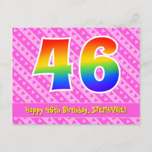 Carte Postale 46e anniversaire : Rayures roses et cœurs, Arc-en-