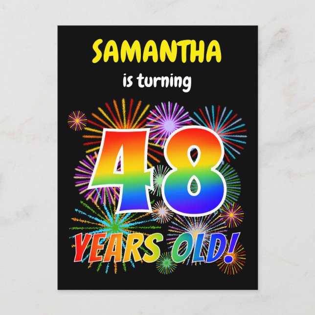 Carte Postale 48e anniversaire - Fun Fireworks, Rainbow Look "48 (Devant)