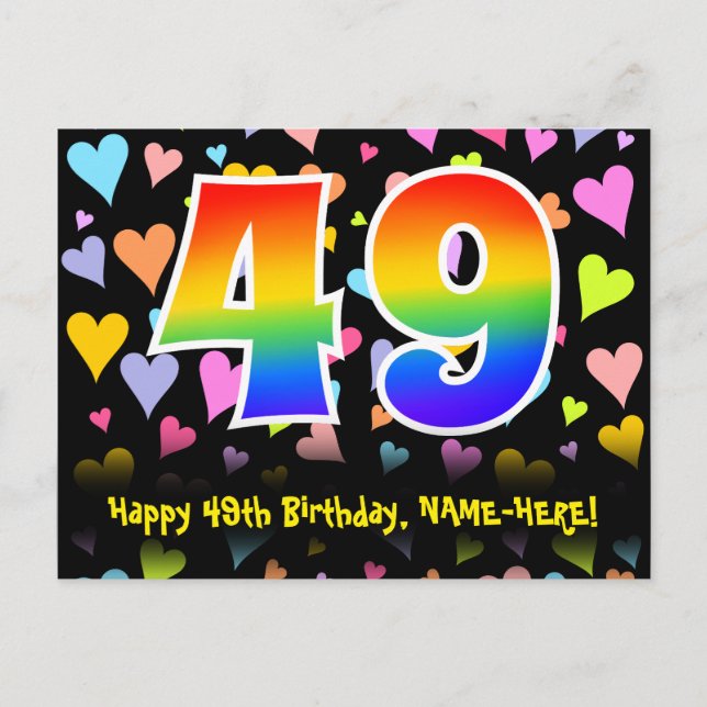Carte Postale 49e anniversaire : motif de cœurs amusants, arc-en (Devant)