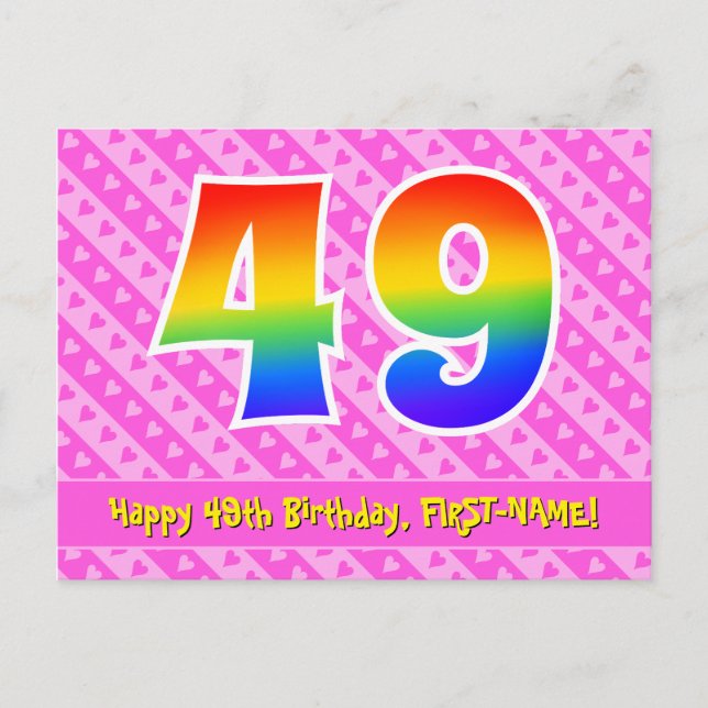 Carte Postale 49e anniversaire : Rayures roses & Cœurs, Arc-en-c (Devant)