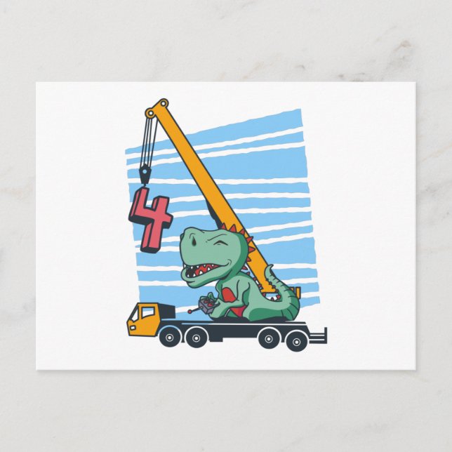 Carte Postale 4 ans 4e anniversaire grue mobile dinosaure (Devant)