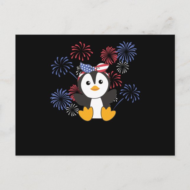 Carte Postale 4 juillet American Penguin Kids Usa Fireworks (Devant)