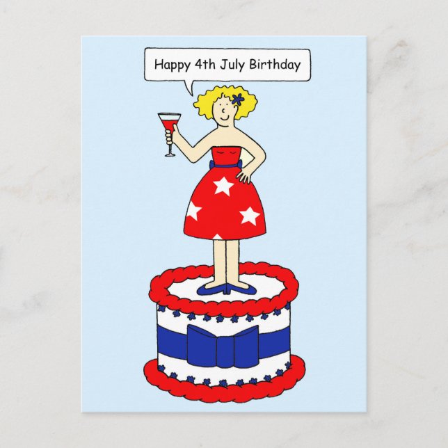 Carte Postale 4 juillet Anniversaire dame caricaturale sur un gâ (Devant)