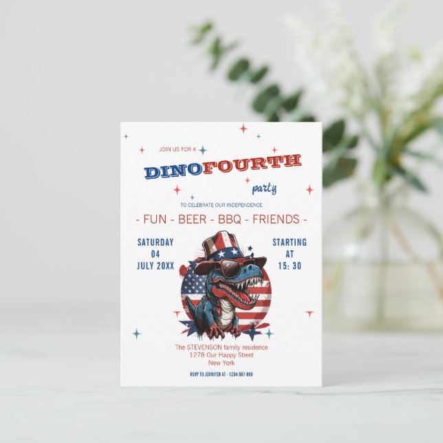 Carte Postale 4 JUILLET dinosaure heureux avec chapeau et lunett (Debout devant)