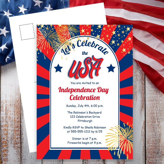 Carte Postale 4 juillet Fête de l'Indépendance Fête des Etats-Un (July 4th Independence Day "Let's Celebrate the USA" Holiday Postcard Invitation)