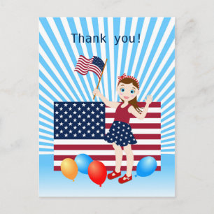 Carte Postale 4 juillet Fille anniversaire avec drapeau américai