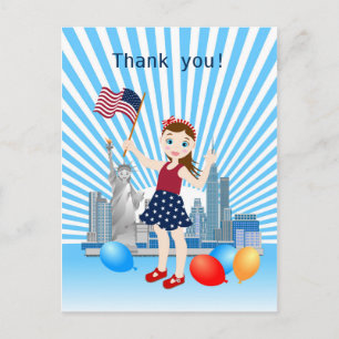 Carte Postale 4 juillet Fille anniversaire avec drapeau américai