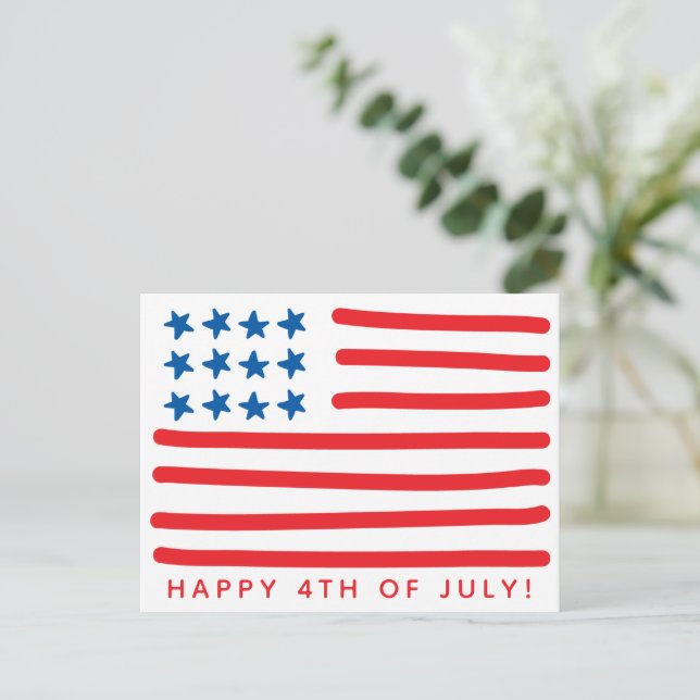 Carte Postale 4 juillet heureux | Drapeau américain tiré à la ma (Debout devant)
