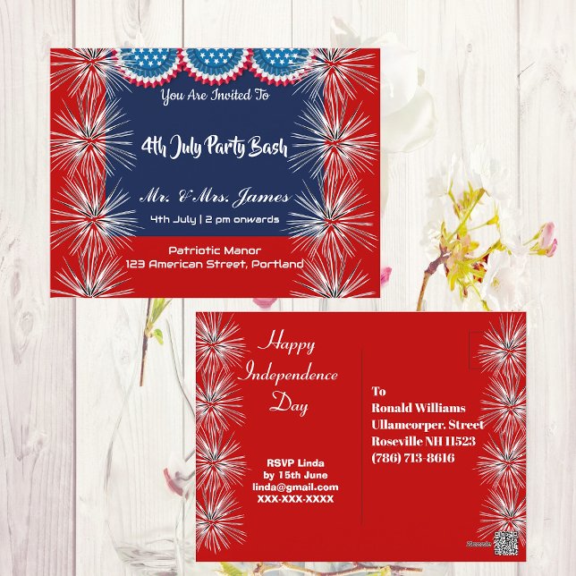 Carte Postale 4 Juillet Patriotic Firecracker Party Bash Invitat (4 July Patriotic Firecracker Party Bash Invitation Postcard)
