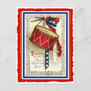 Carte Postale 4 juillet Vintage Marching Drum Rouge Blanc & Bleu