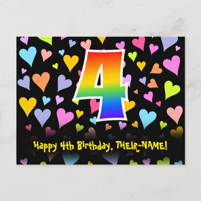 Carte Postale 4e anniversaire : Amusants Coeurs Motif, Arc-en-ci (Devant)