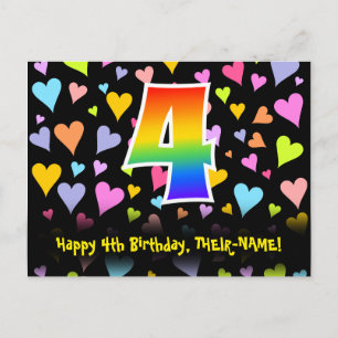 Carte Postale 4e anniversaire : motif coeurs amusants, arc-en-ci