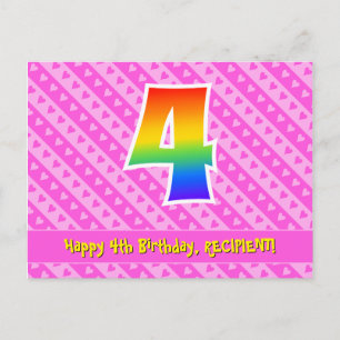 Carte Postale 4e anniversaire : Rayures roses et cœurs, arc-en-c