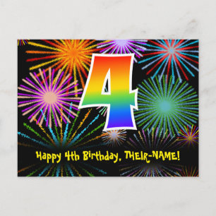 Carte Postale 4ème anniversaire - Fun Motif Fireworks + Rainbow 