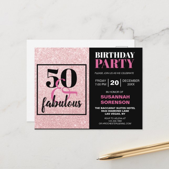 Carte Postale 50 & Fabulous Chic PInk Parties scintillant fête d (Devant/Arrière en situation)