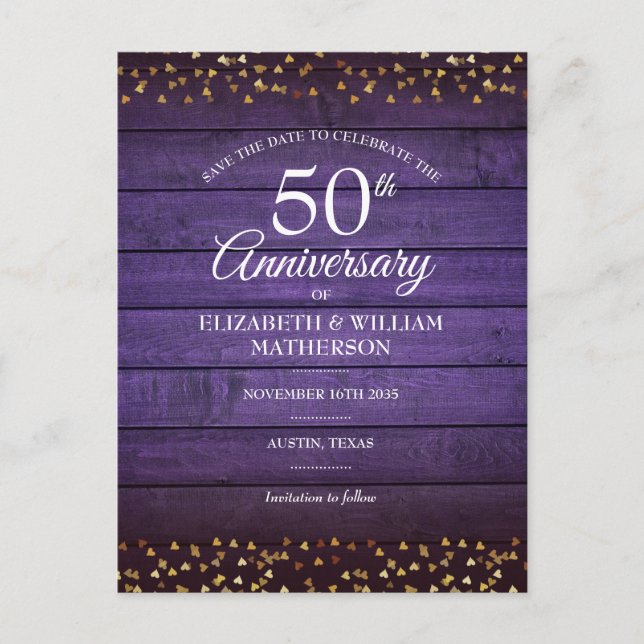 Carte Postale 50e anniversaire Enregistrer la date Coeurs d'or R (Devant)