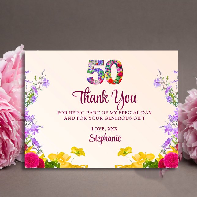 Carte Postale 50e anniversaire floral merci moderne fête 50 ans (Créateur téléchargé)