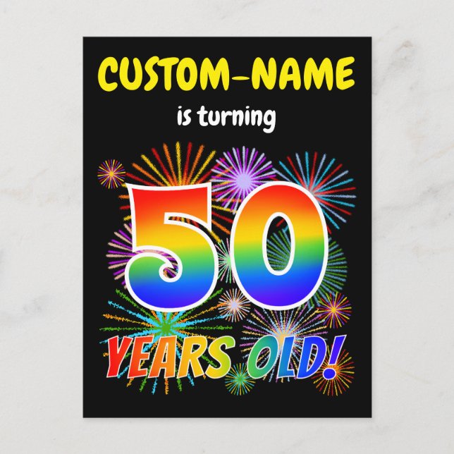 Carte Postale 50e anniversaire - Fun Fireworks, Rainbow Look "50 (Devant)