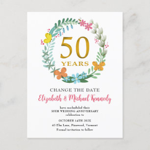 Carte Postale 50e anniversaire Golden Floral Wreath Date de chan