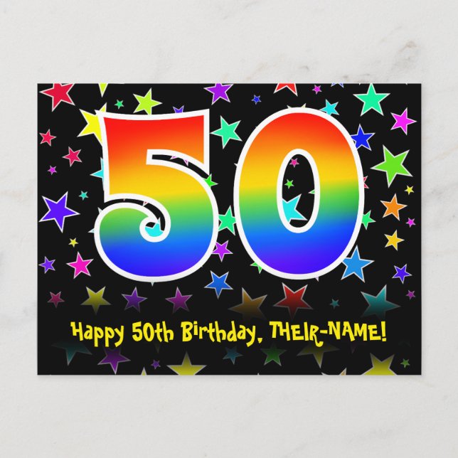 Carte Postale 50e Anniversaire : Motif Étoiles Amusantes, Arc-en (Devant)