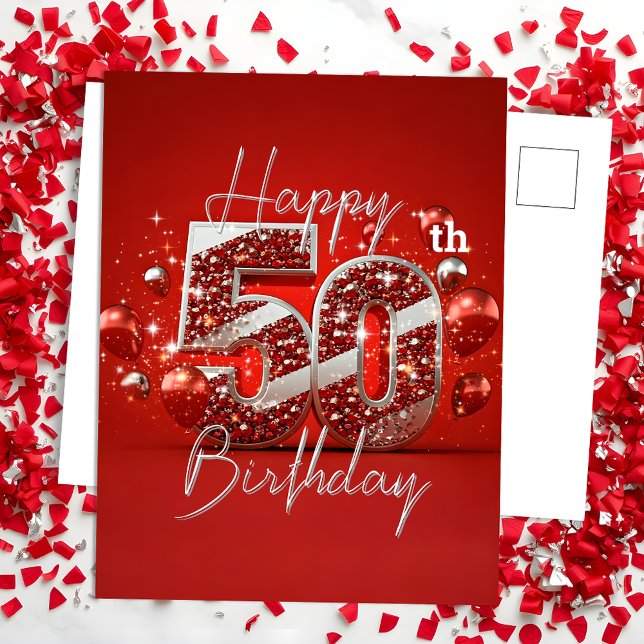 Carte Postale 50e anniversaire, rouge et argent chatoyant (Créateur téléchargé)