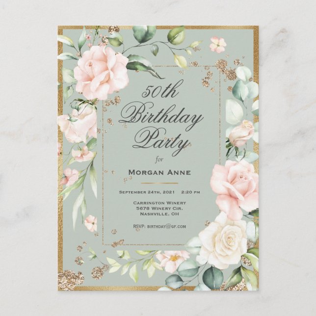 Carte Postale 50e Anniversaire Vert Sauge Or Aquarelle Floral  I (Devant)