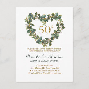 Carte Postale 50e Mariage Aquarelle Ivy Heart Wreath