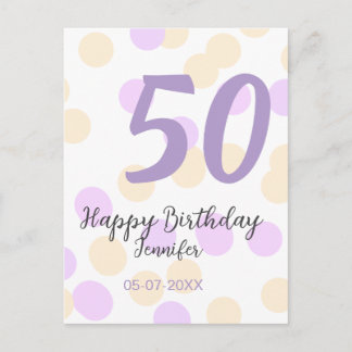 Carte Postale 50th birthday add name date purple orange polkadot