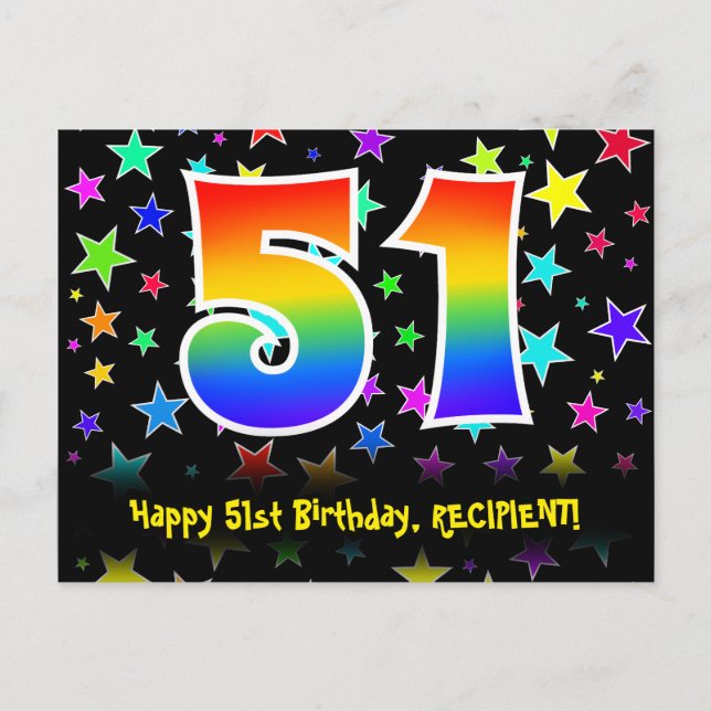 Carte Postale 51e Anniversaire : motif d'étoiles amusantes, arc- (Devant)