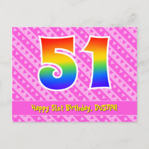 Carte Postale 51e anniversaire : rayures roses et cœurs, arc-en-