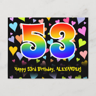 Carte Postale 53e anniversaire : motif coeurs amusants, arc-en-c