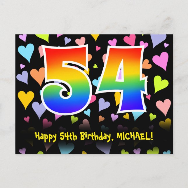 Carte Postale 54e anniversaire : motif coeurs amusants, arc-en-c (Devant)