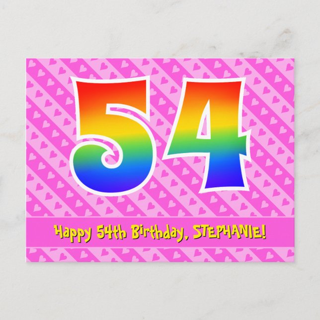 Carte Postale 54e Anniversaire : Rayures roses & Cœurs, Arc-en-c (Devant)