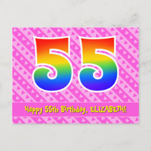 Carte Postale 55e anniversaire : rayures roses et cœurs, arc-en-