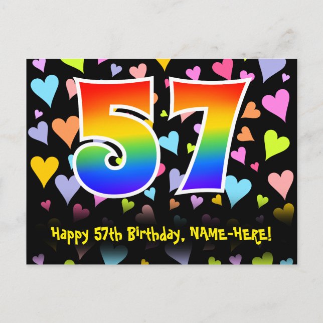 Carte Postale 57e Anniversaire : Motif coeurs amusants, Arc-en-c (Devant)