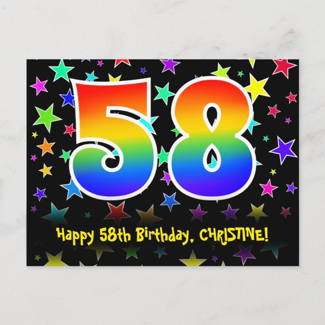 Carte Postale 58e Anniversaire : motif d'étoiles amusantes, arc- (Devant)