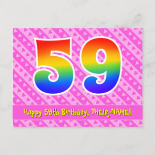 Carte Postale 59e anniversaire : Pink Stripes & Hearts, Rainbow 