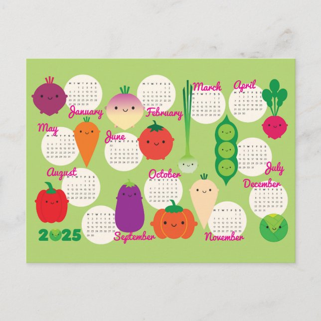 Carte Postale 5 Par Jour Kawaii Légumes 2025 Calendrier (Devant)