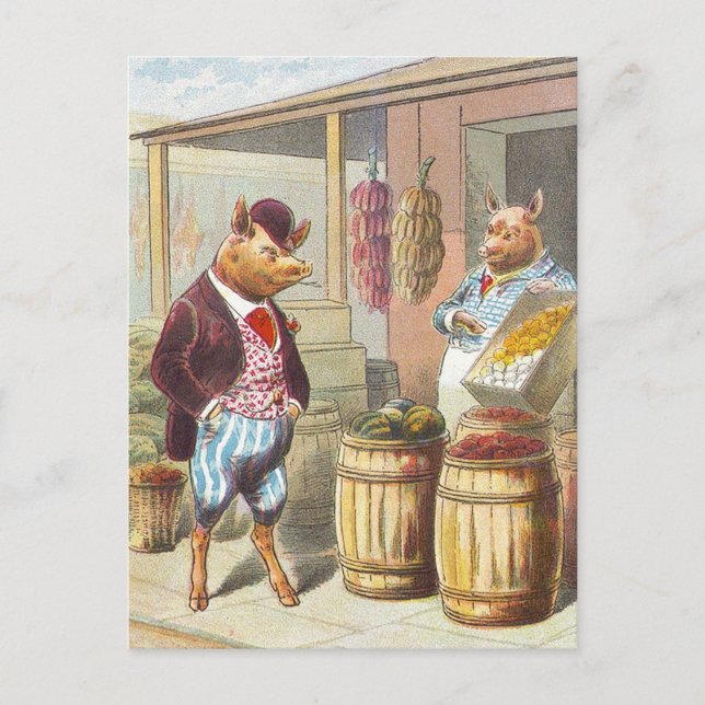 Carte Postale 5 petits cochons : Au marché (Devant)
