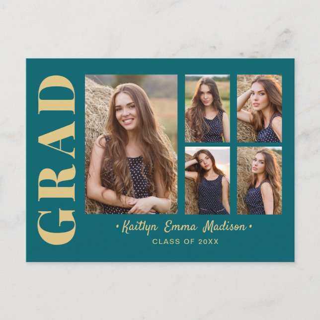 Carte Postale 5 Photo Grad Collage Script moderne Turquoise et o (Devant)