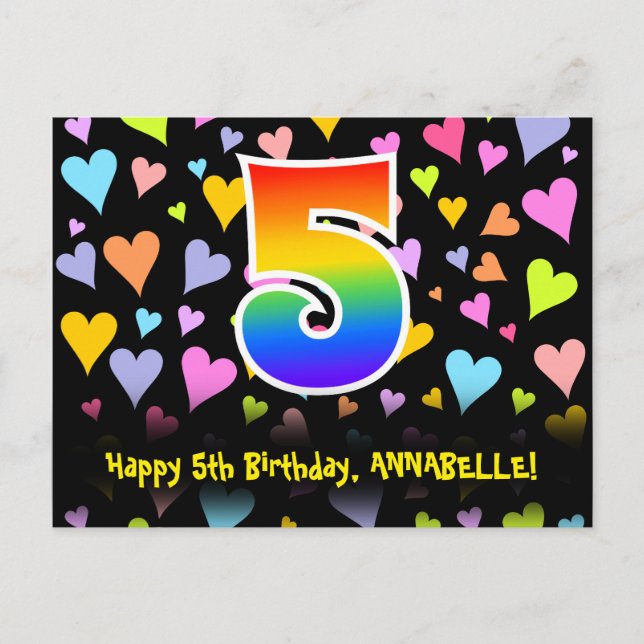 Carte Postale 5e anniversaire : motif coeurs amusants, arc-en-ci (Devant)