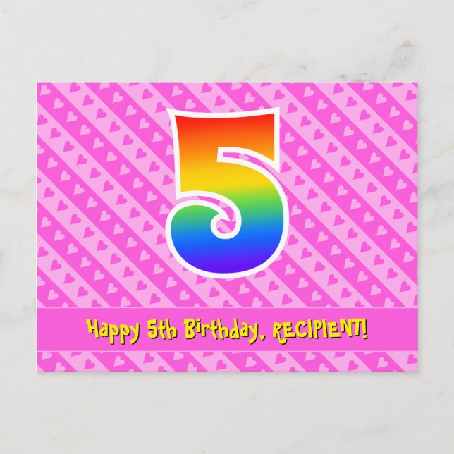 Carte Postale 5e anniversaire : Pink Stripes & Hearts, Rainbow 5 (Devant)